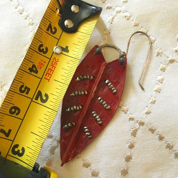 Large Dangly Artisan Rust + Silver Copper Metalwork Beaded Leaf Earrings - Picture 6 of 8